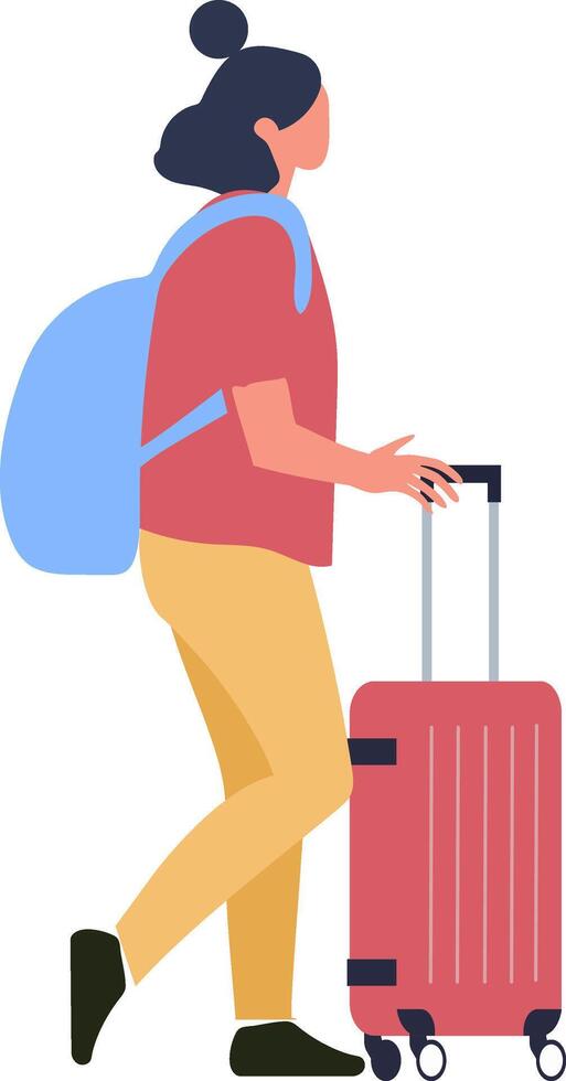 Female tourist is walking with wheeled luggage and backpack at airport terminal, going to boarding gate, side view of traveling person, concept of tourism and business trip vector