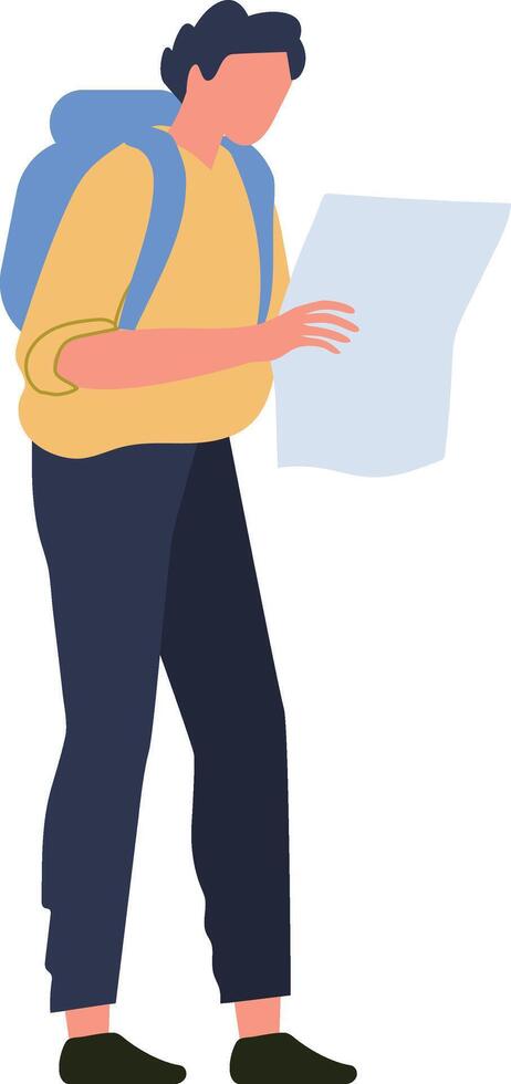 Tourist consulting a map while navigating through a new city, dressed in casual clothing and carrying a backpack, enjoying the adventure of travel and exploration vector