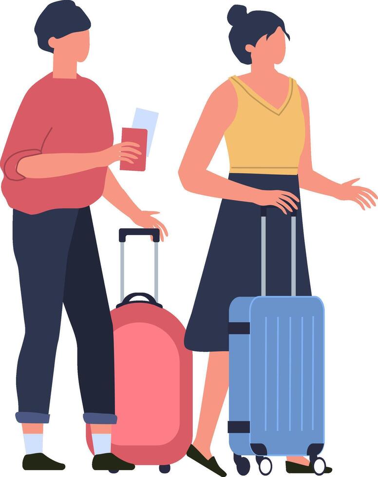 Tourists holding passports and pulling suitcases wait at the airport terminal, eagerly anticipating their upcoming journey as they prepare for departure to exciting destinations vector
