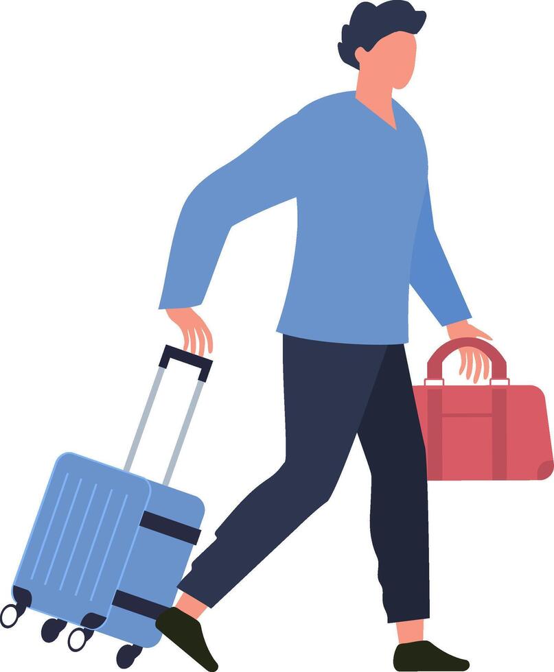 Businessman walking fast at the airport terminal pulling a trolley suitcase and carrying a travel bag, going to boarding gate, business travel concept vector