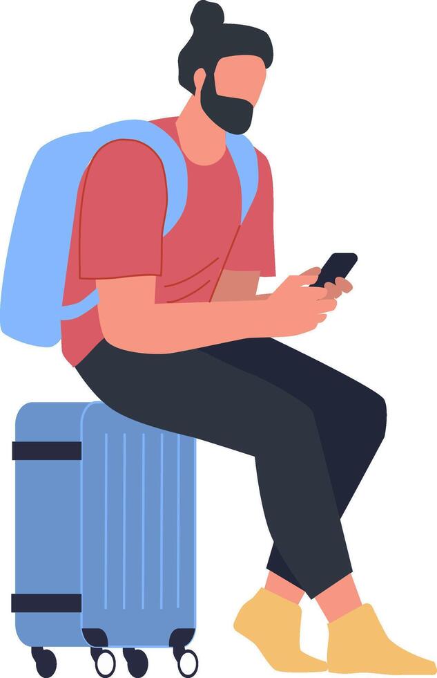 Young bearded tourist with backpack sitting on suitcase using smartphone waiting for boarding, travel and tourism concept, flat illustration isolated on white background vector