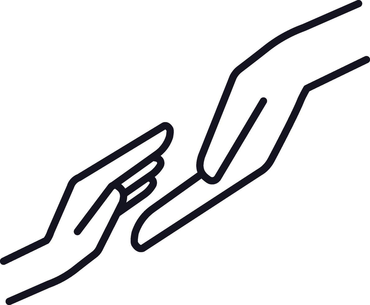 Minimalist line art illustration depicting two hands almost touching each other, symbolizing human connection, help, support, and kindness vector