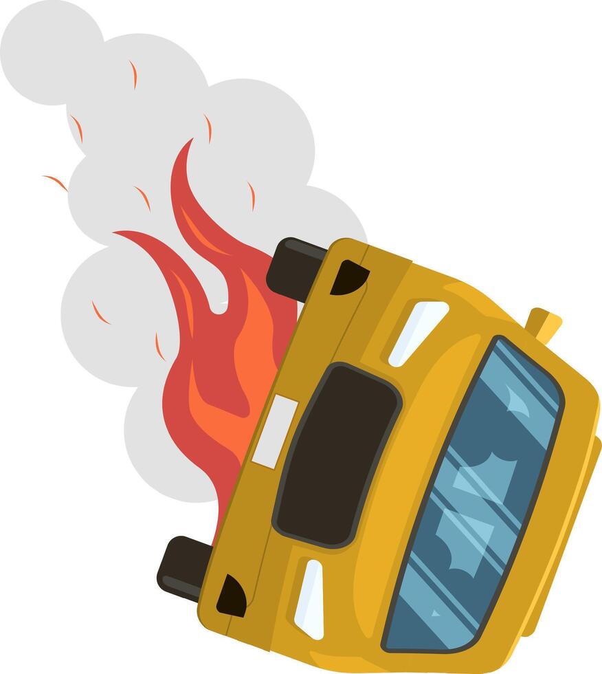 Yellow bus on fire emitting smoke after dangerous road accident, representing consequences of reckless driving and importance of road safety vector