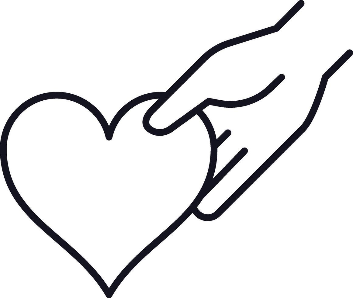 Line art icon depicting a hand gently cradling a heart, representing themes of love, kindness, and care within relationships, evoking feelings of compassion and connection vector