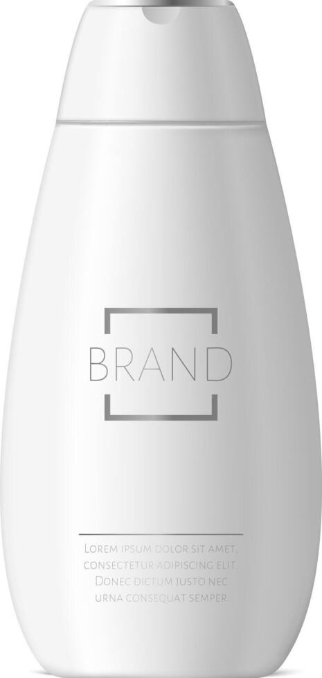 White plastic cosmetic bottle featuring a blank logo and generic text, containing shampoo or moisturizer, positioned against a white background for a minimalist aesthetic vector