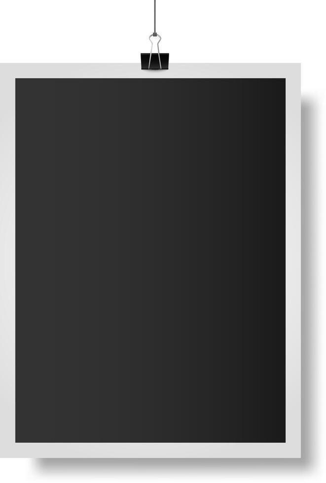 Realistic illustration of a blank hanging photo frame with binder clip mockup, dark empty photography template on white background, retro photo memories isolated vector