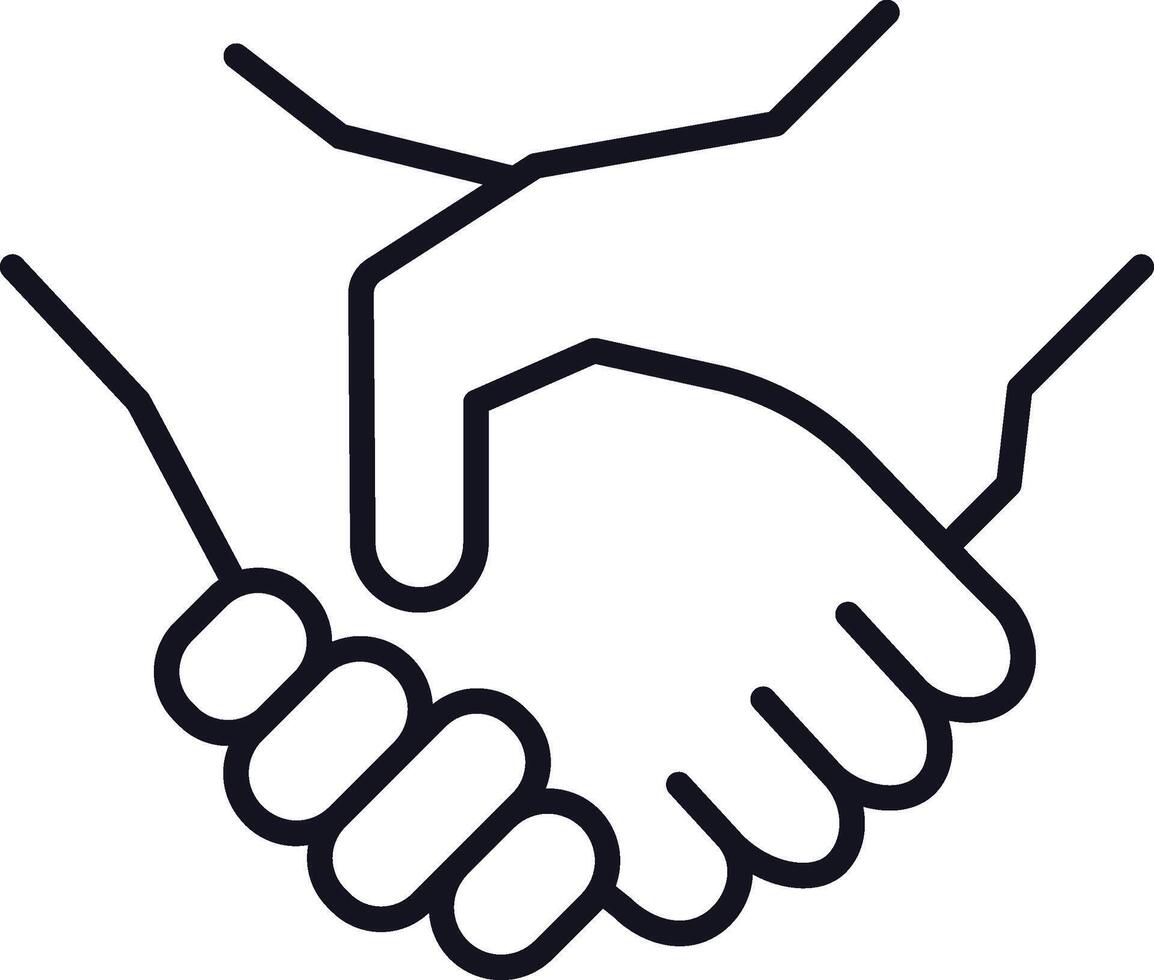 Simple, bold line art illustration of two hands shaking, symbolizing friendship, partnership, agreement, or teamwork, isolated on a white background vector