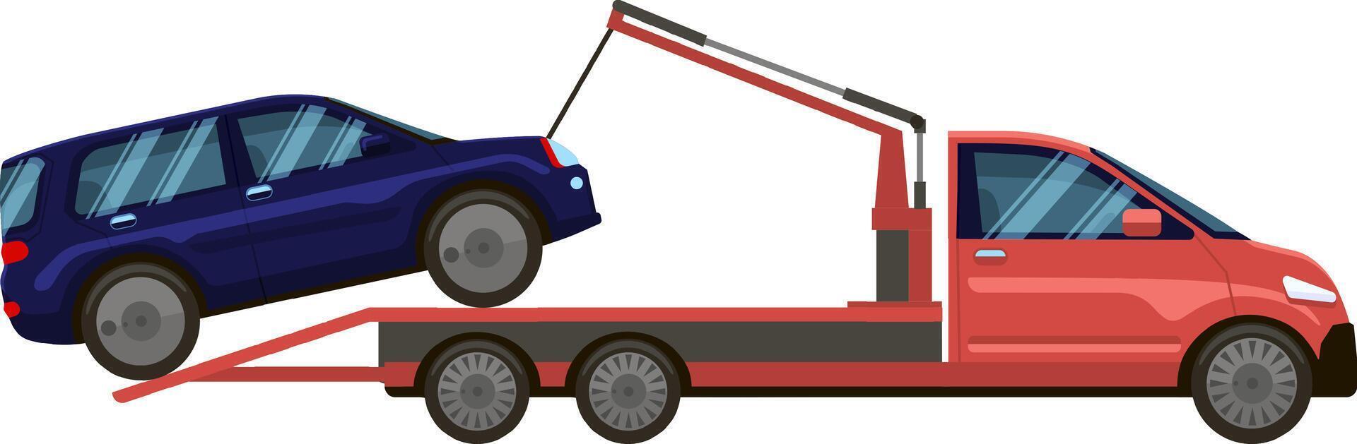 Red tow truck transporting a damaged blue car on a flatbed, delivering roadside assistance and support after an accident or mechanical breakdown on city streets vector