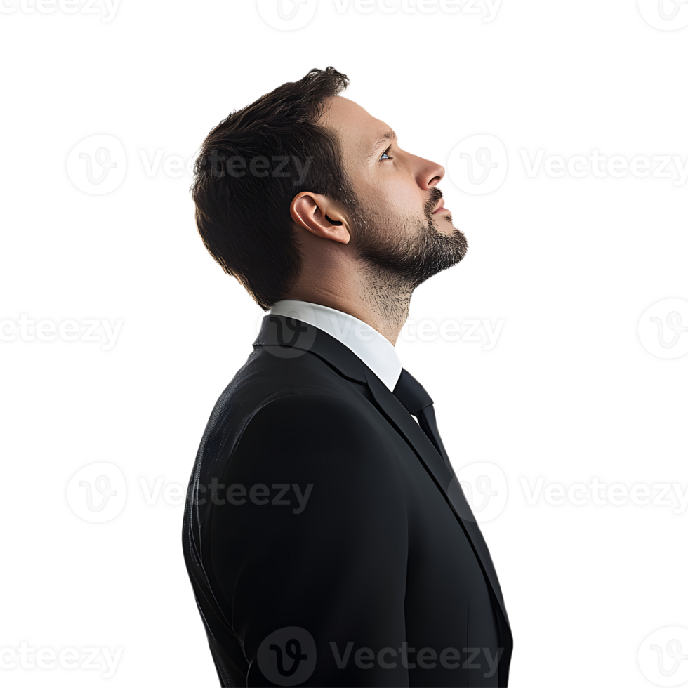 Stylish Man in Suit and Tie with an Upward Glance png