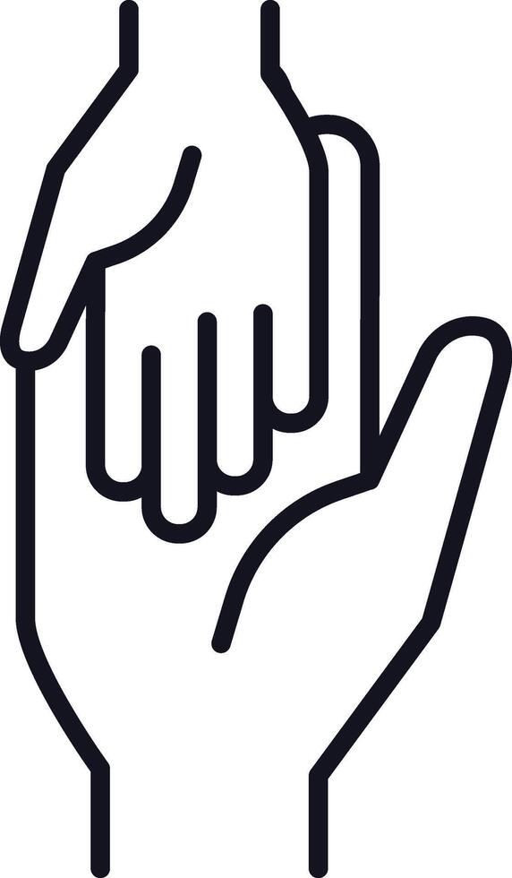 Minimalist line art icon of two hands holding each other, symbolizing love, affection, support, kindness, help, togetherness, and empathy vector