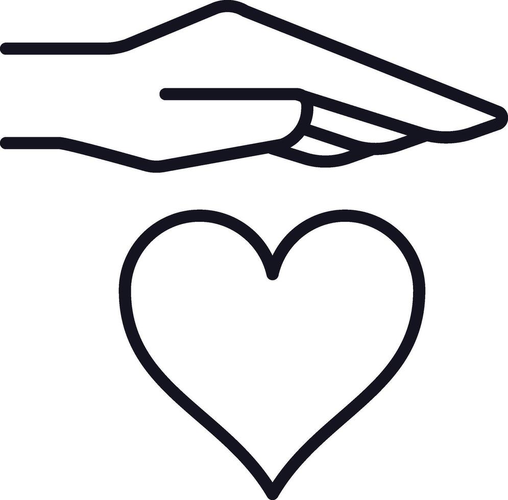 Line art illustration featuring a hand cradling a heart, representing love, care, and emotional support in relationships, highlighting kindness and connection vector