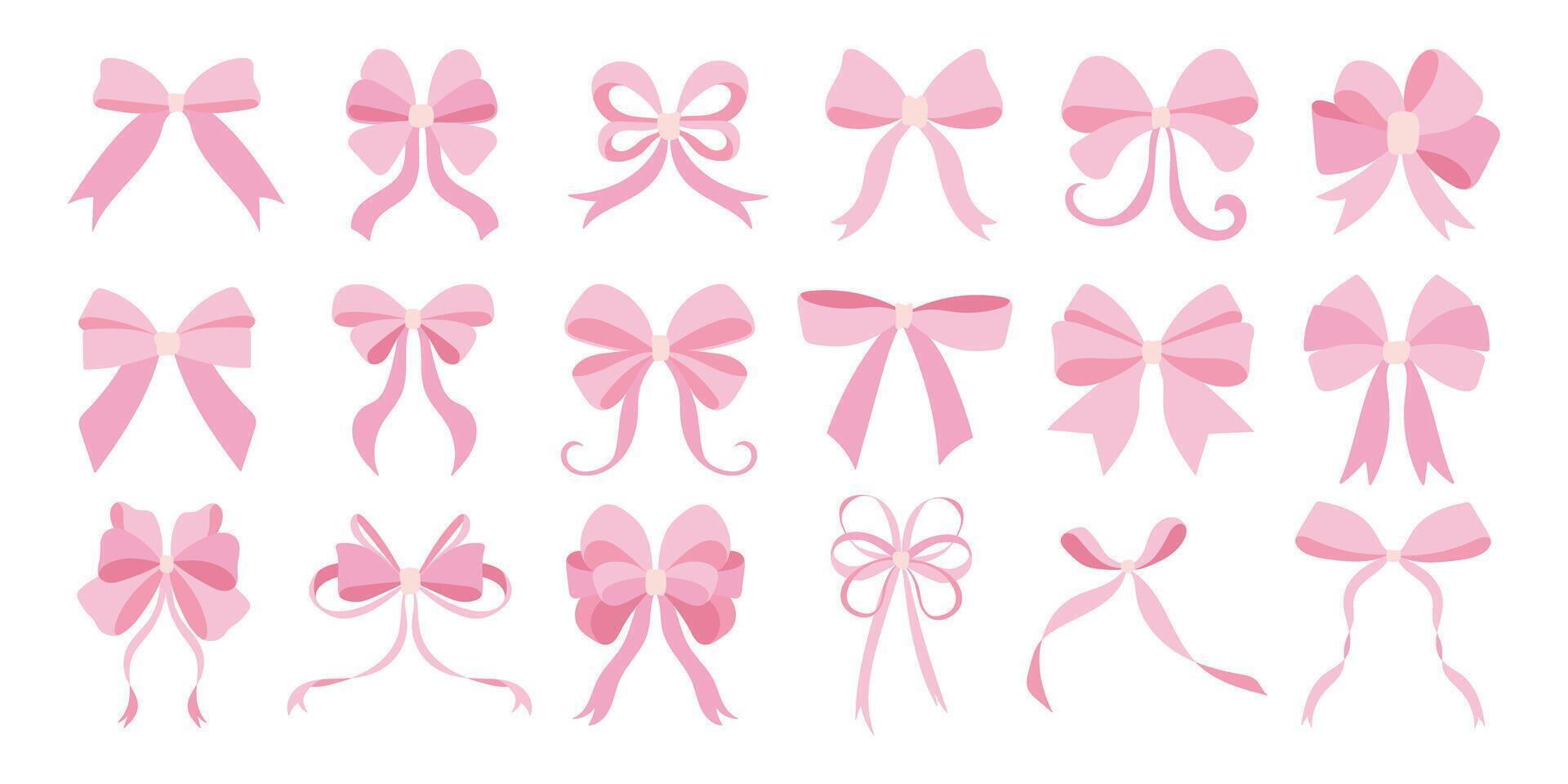 A collection of pink bows in various sizes and shapes. The bows are arranged in a row, with some overlapping each other. Scene is playful and whimsical, as the bows are all pink vector