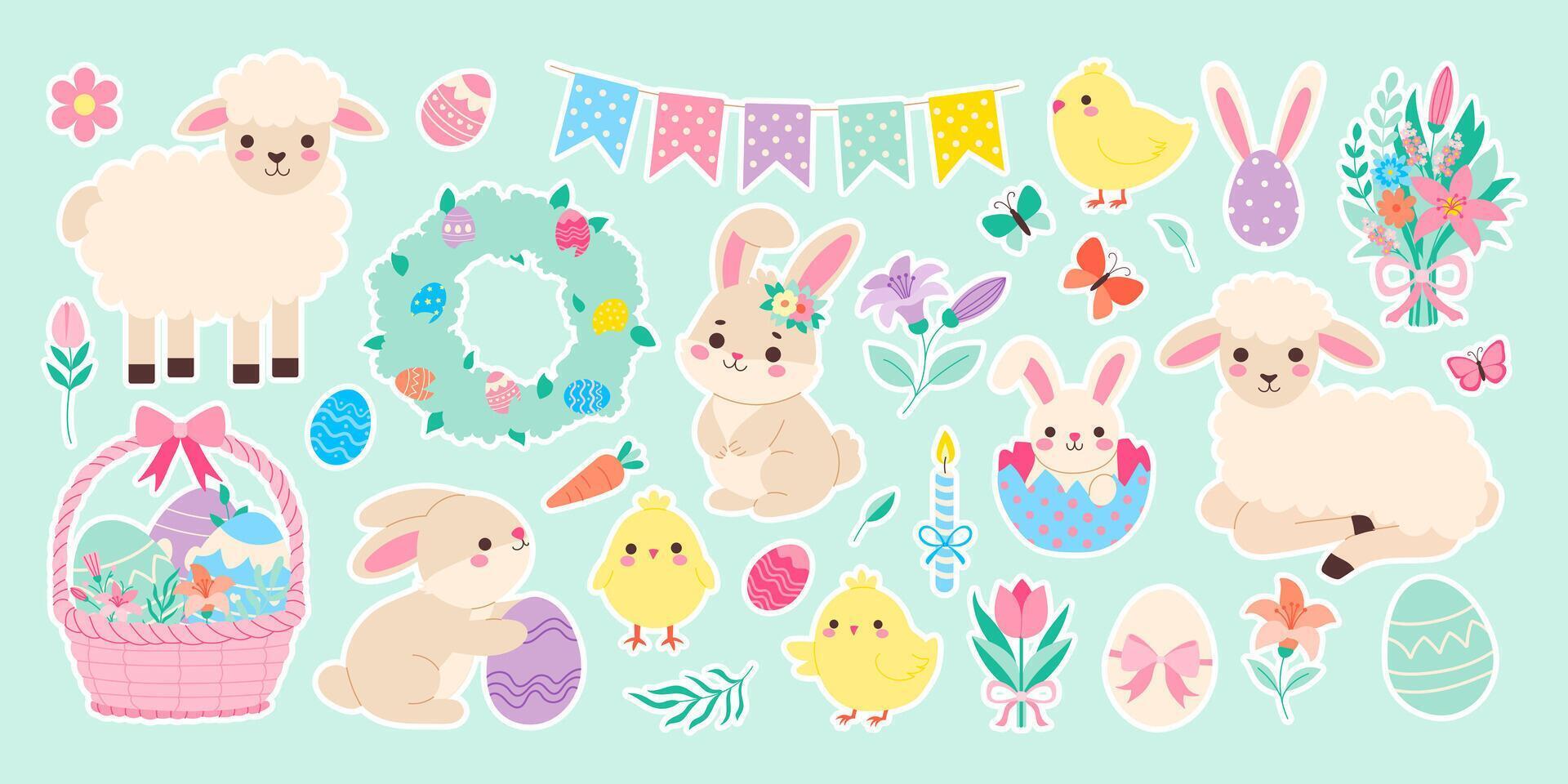 A collection of Easter themed stickers featuring animals and flowers. The stickers include a bunny, a chicken, a sheep, and a butterfly vector
