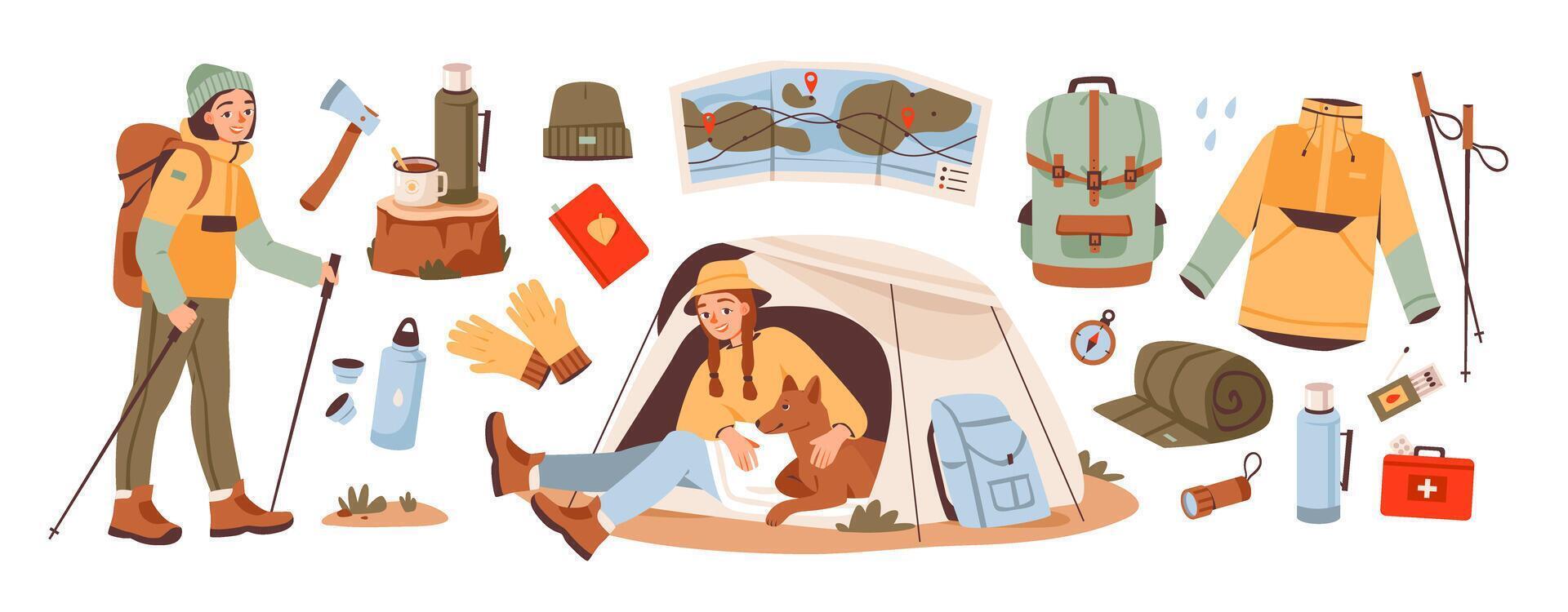 Hiking and outdoor gear. Camping tools set. Female hiker with gear and pet companion. Flat illustration. vector