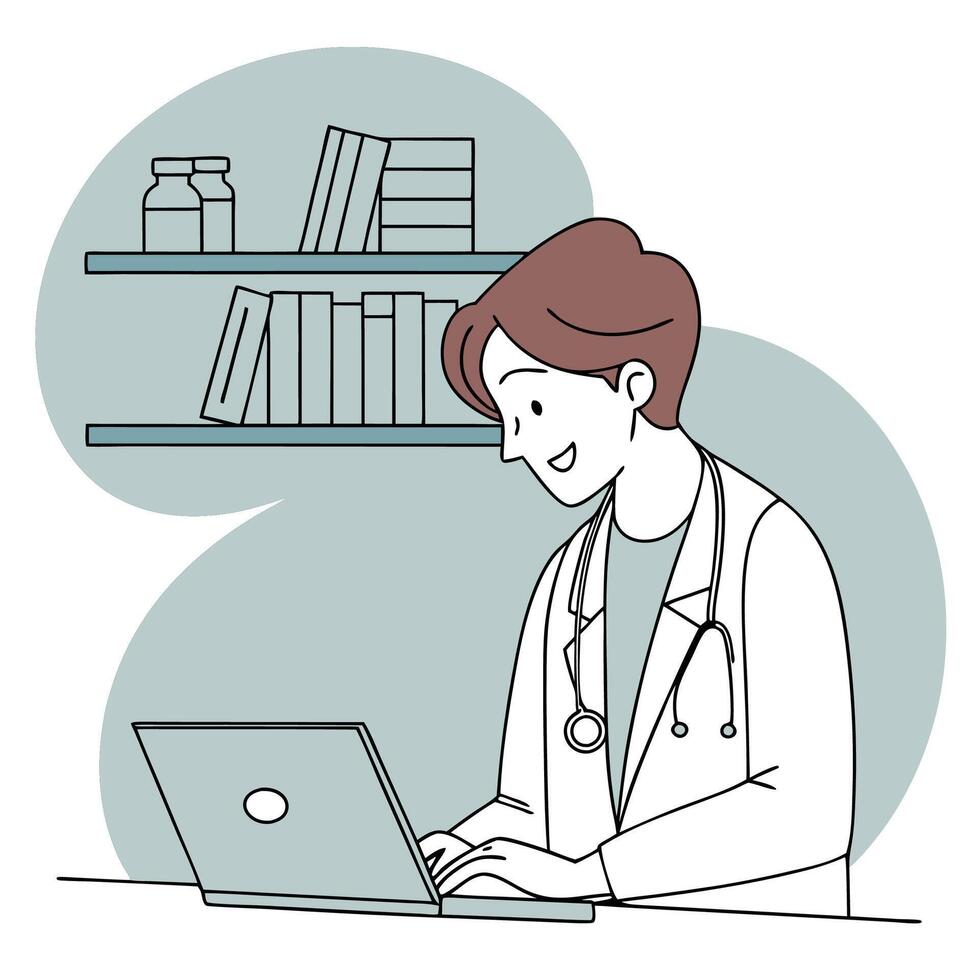 a doctor is working on a laptop computer vector