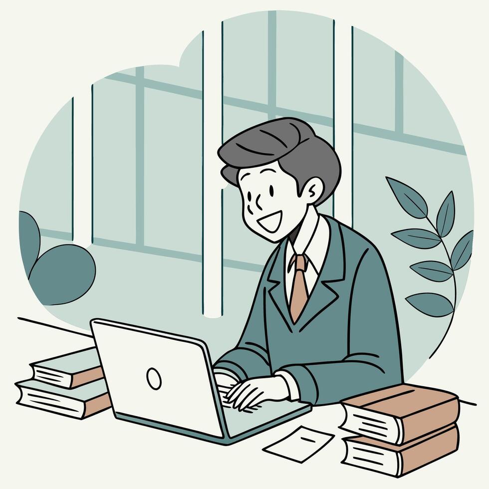 a cartoon man in a suit is working on his laptop vector