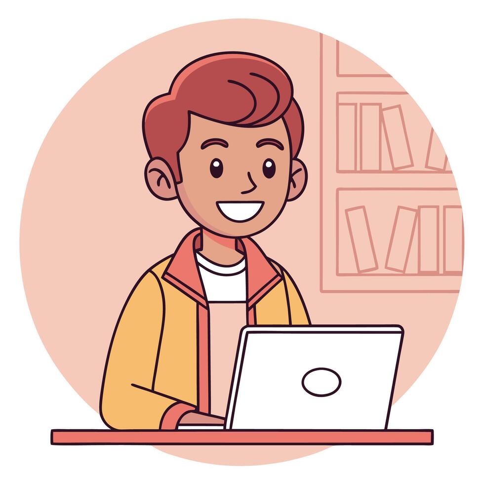 a man is sitting at a desk with a laptop vector