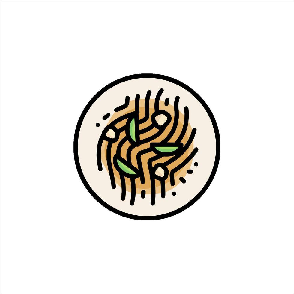 A plate with noodles and vegetables in a line vector