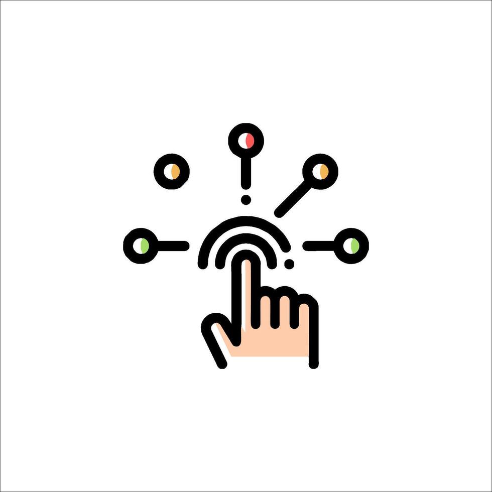 A hand touching a button with icons around it vector