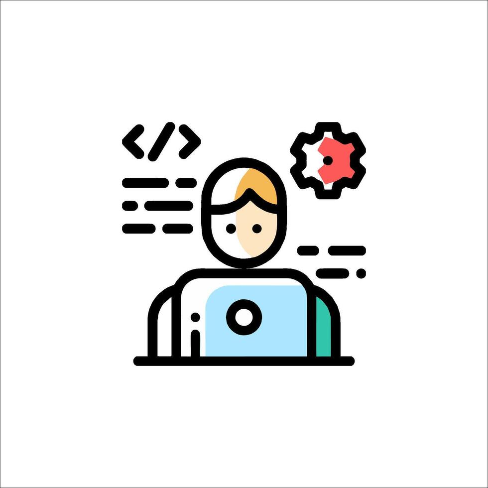 A person sitting at a computer with a computer icon vector