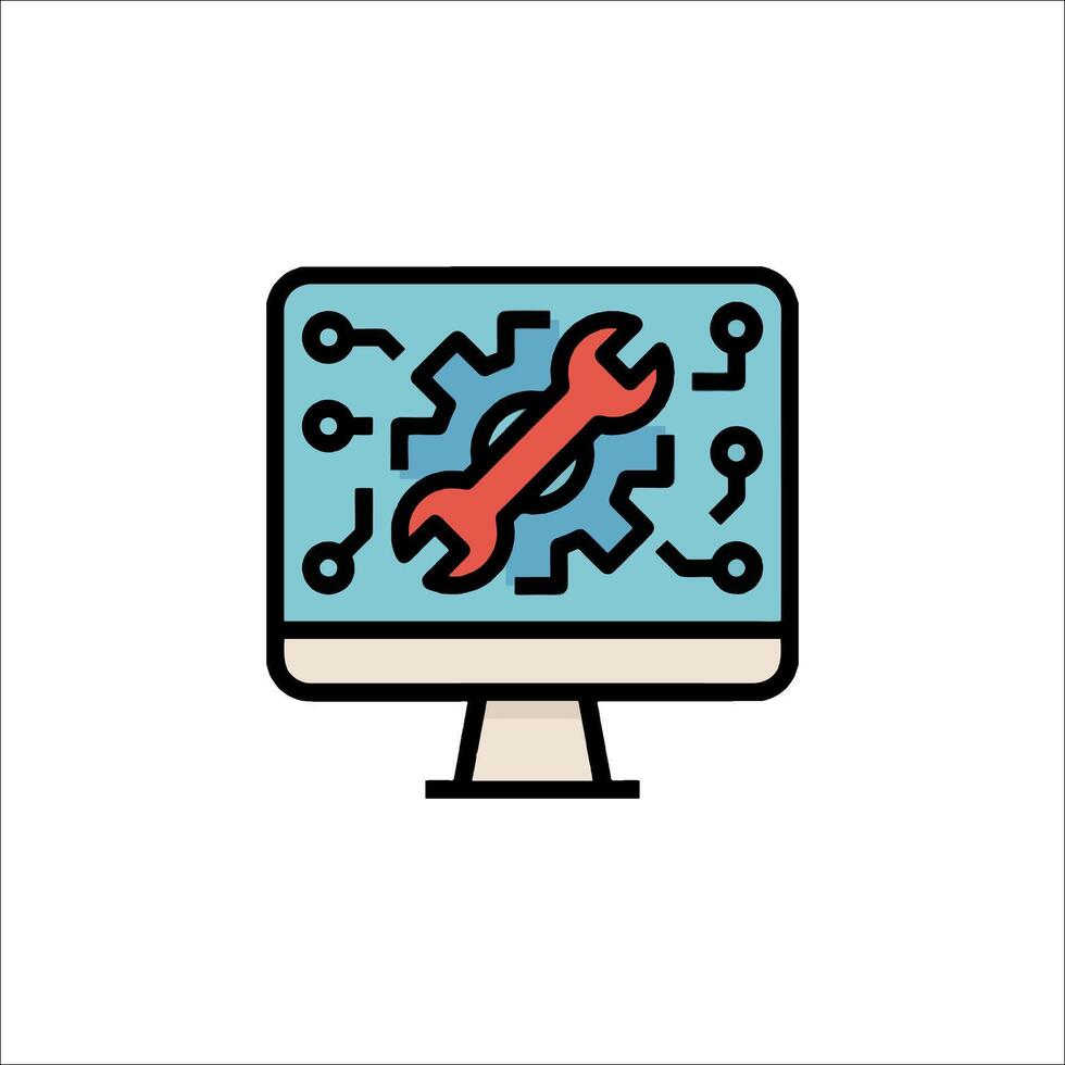 A computer monitor with a wrench icon vector