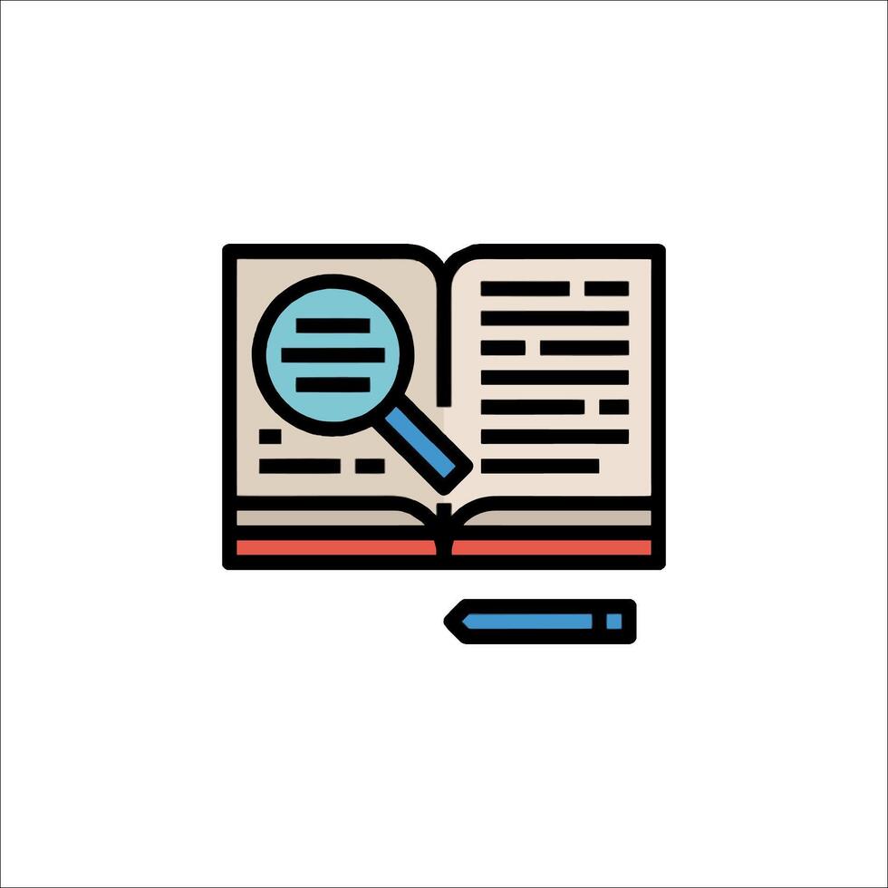 An open book with a magnifying glass and a pencil vector