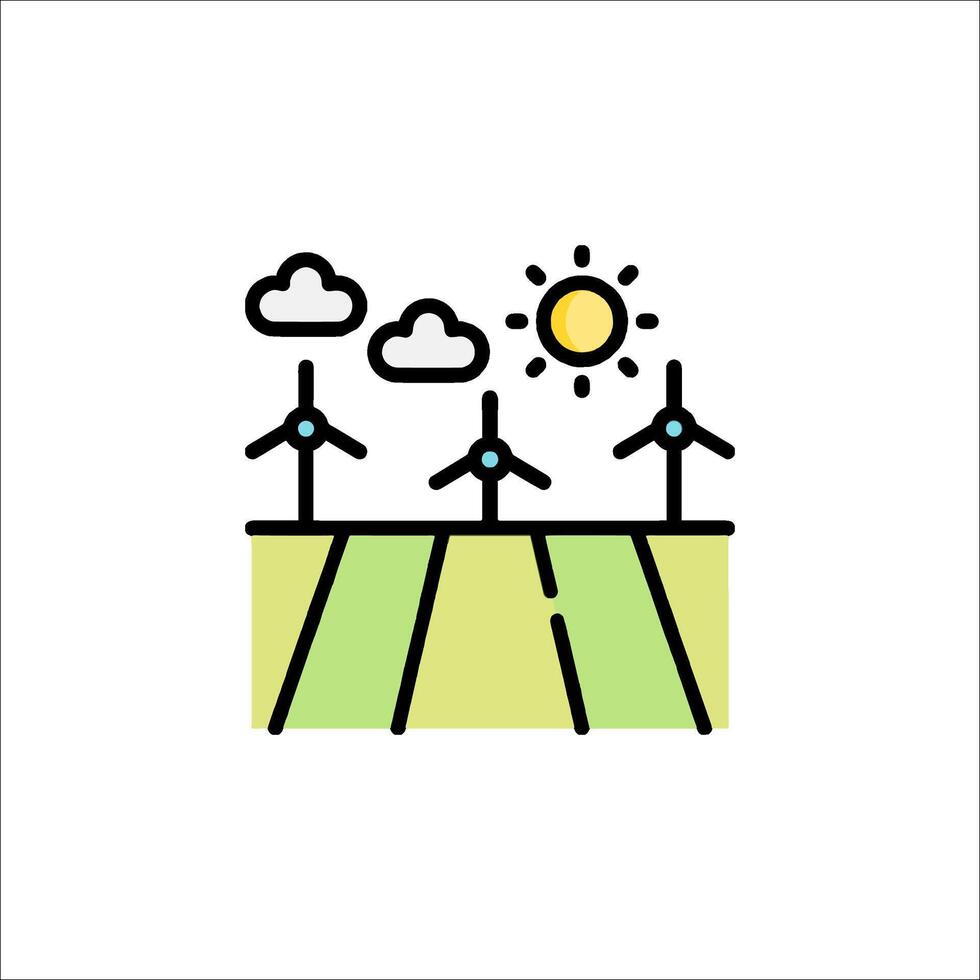 Wind turbines on a field with clouds and sun vector