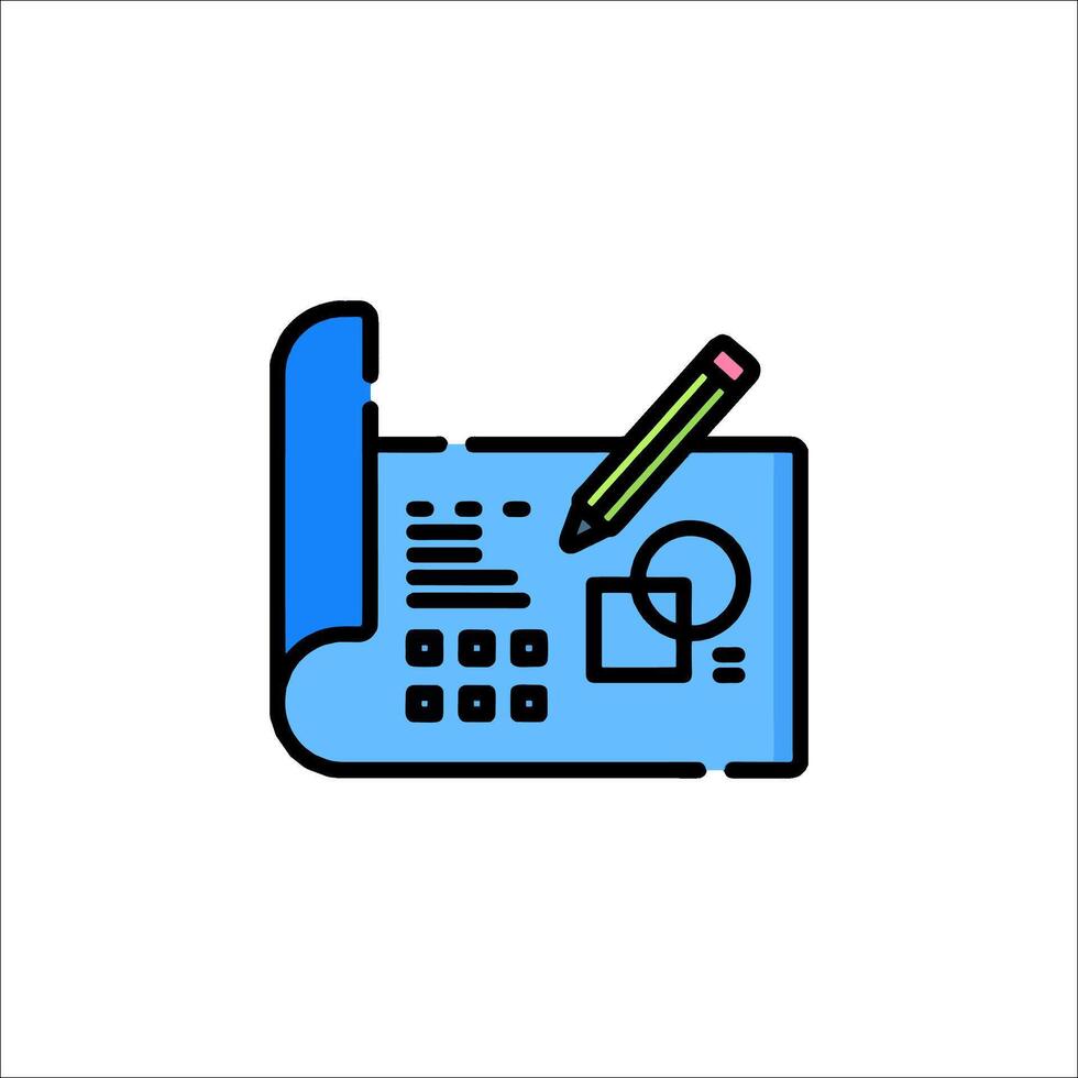 A blue and green line icon of a pen and paper vector