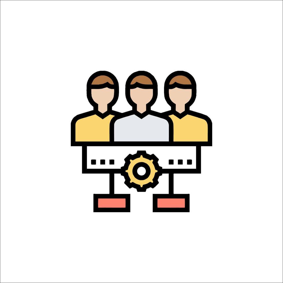 A group of people sitting at a table with a gear vector