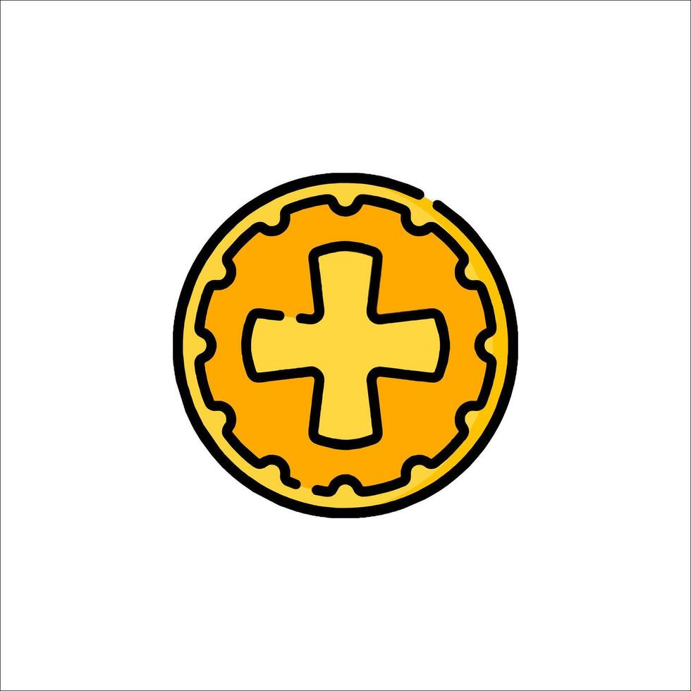 A yellow coin with a cross on it vector
