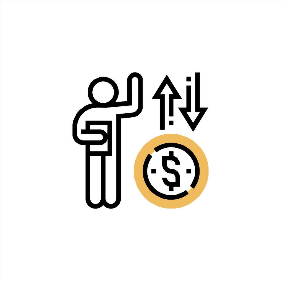 A man is holding a dollar coin and pointing to an arrow vector
