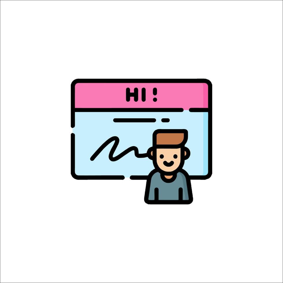 A man is looking at a computer screen with the word hi vector