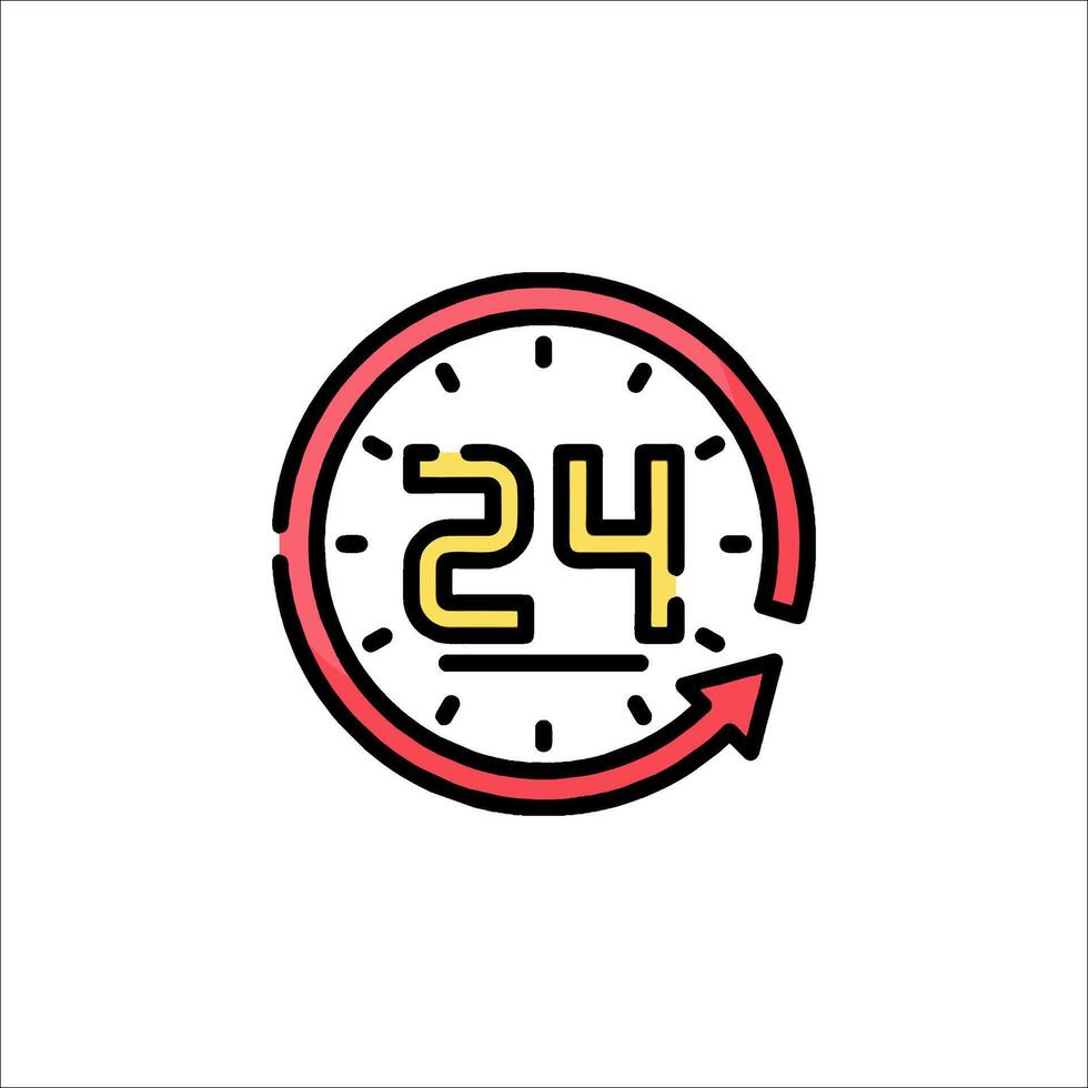 The 24 hours clock icon with a red arrow pointing to it vector