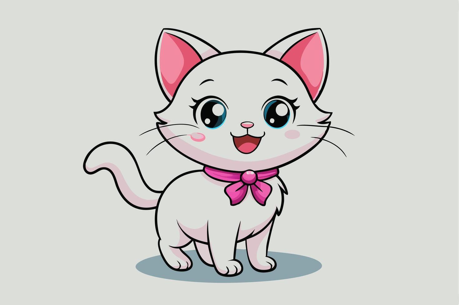 Cute small white cat illustration with a smiling face and fluffy puffy look. vector