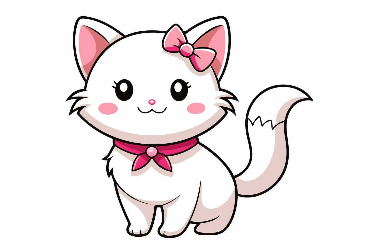 Cute small white cat a smiling face and fluffy puffy look. vector