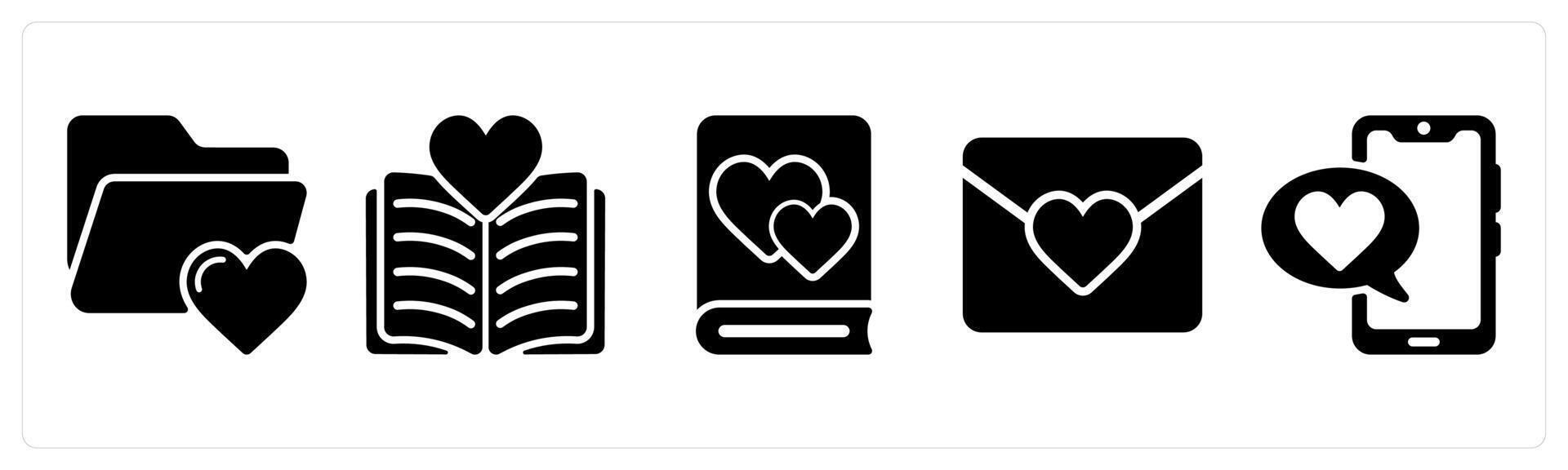 Happy Valentine icons in black color as love file, love story, love book vector