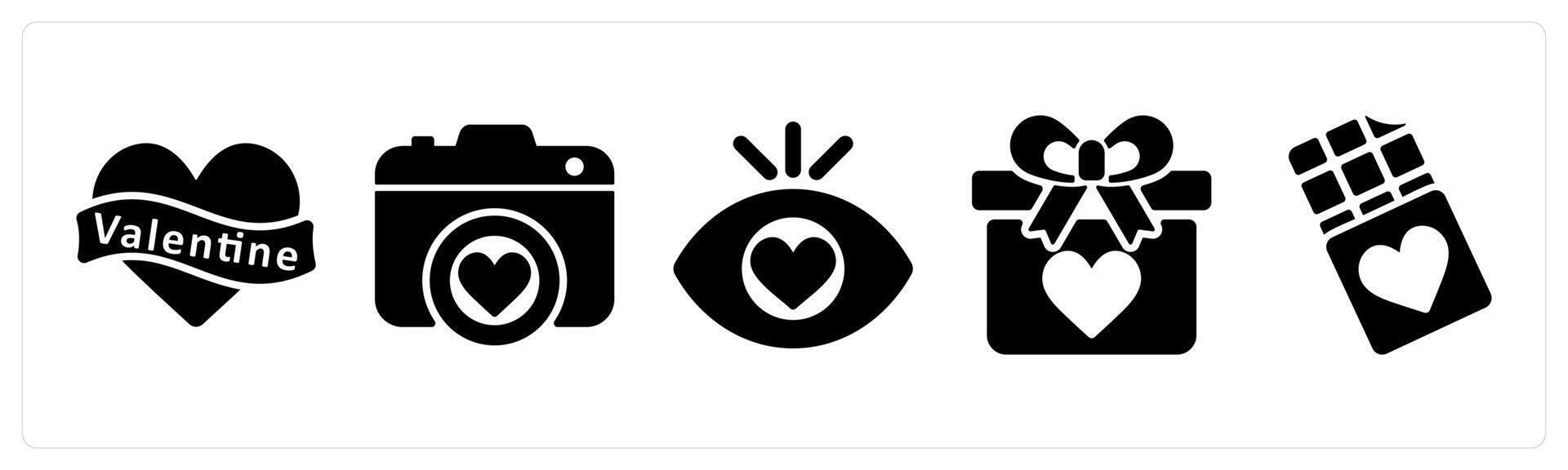 Happy Valentine icons in black color as valentine, camera, adore vector