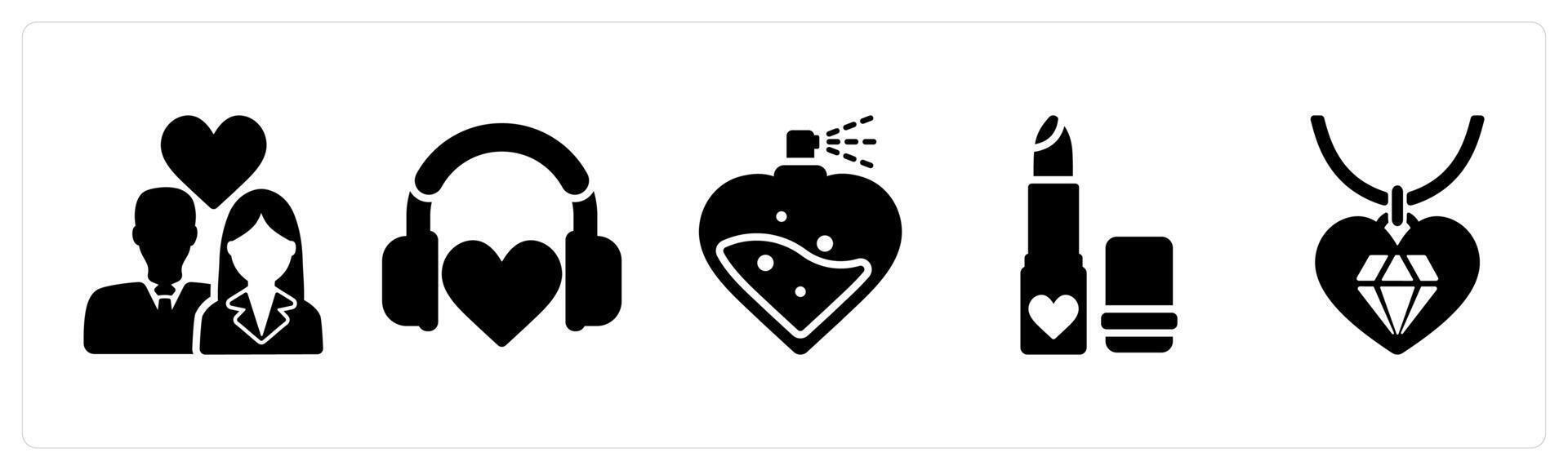 Happy Valentine icons in black color as couple, love song, perfume vector