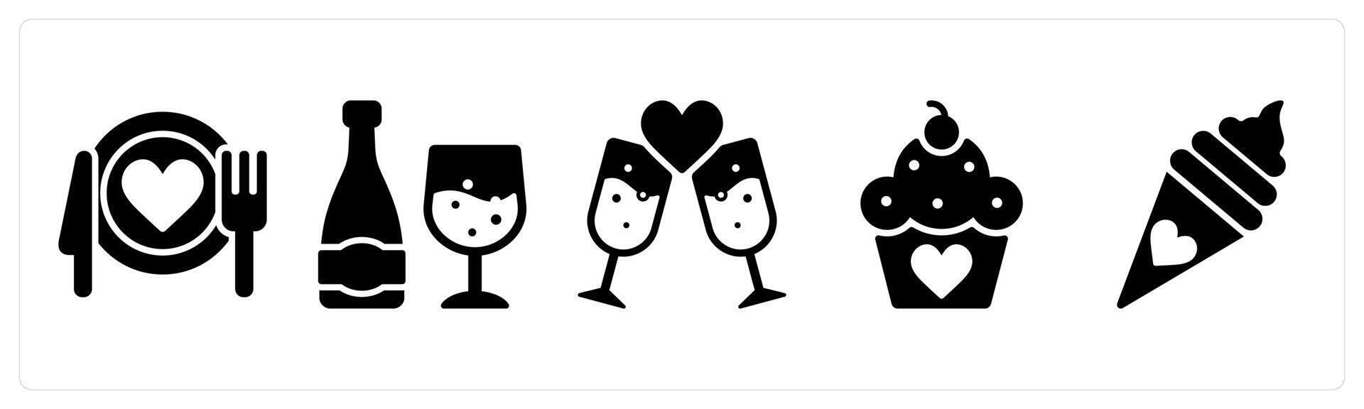 Happy Valentine icons in black color as dinner, wine, drink vector