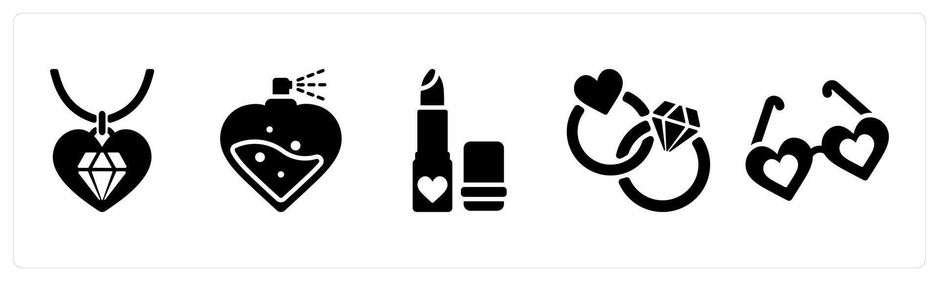 Happy Valentine icons in black color as pendant, perfume, lipstick vector