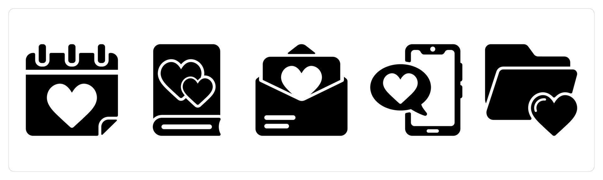 Happy Valentine icons in black color as love calendar, love book, letter vector