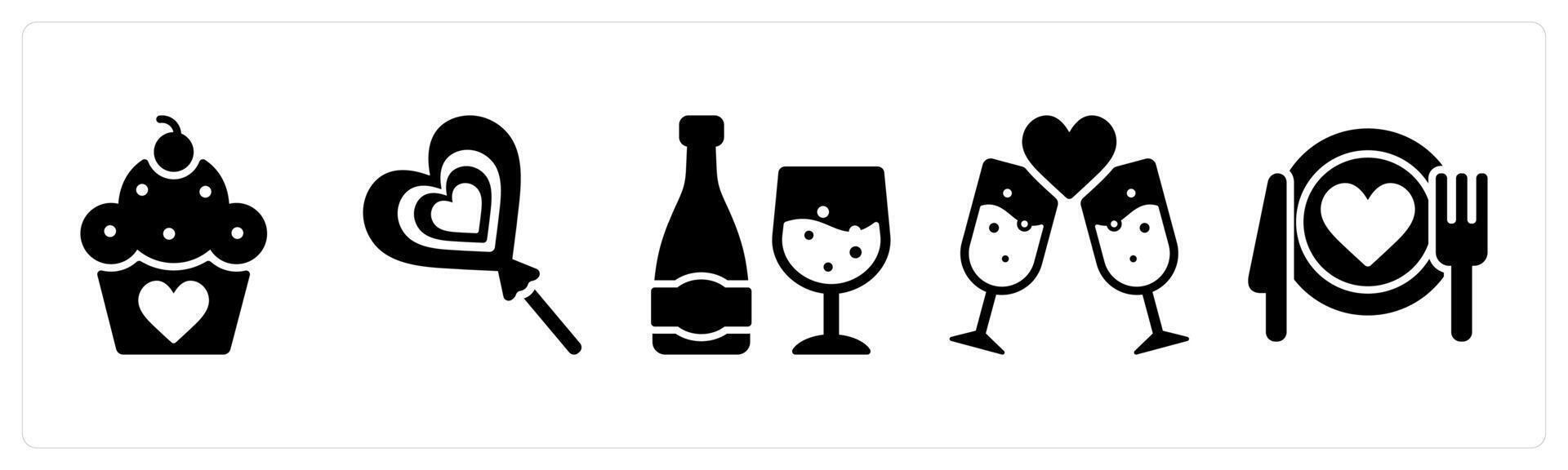 Happy Valentine icons in black color as cupcake, candy, wine vector