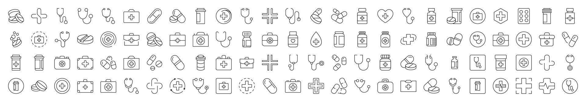 Health Care Line Icon Collection. Modern Collection for Design, Web Sites, Apps, Cards. Contains Linear Images of Medical Cross, Pills, Stethoscope, Suitcase vector