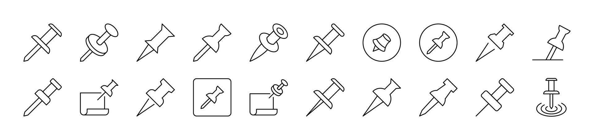 Push Pin for School and Office Simple Isolated Line Icons Collection. Editable Stroke. Suitable for Web Sites, Books, Cards, Apps vector