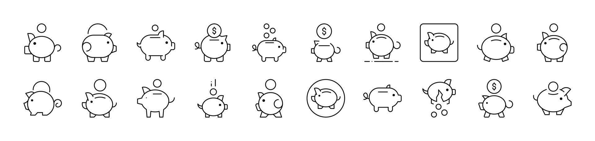 Piggy Bank Outline Image Collection. Editable Stroke. Perfect for Infographics, Articles, Books, Flyers, Banners vector