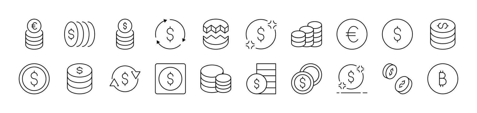 Various Coins Related Image Collection. Editable Stroke. Perfect for Infographics, Articles, Books, Flyers, Banners vector