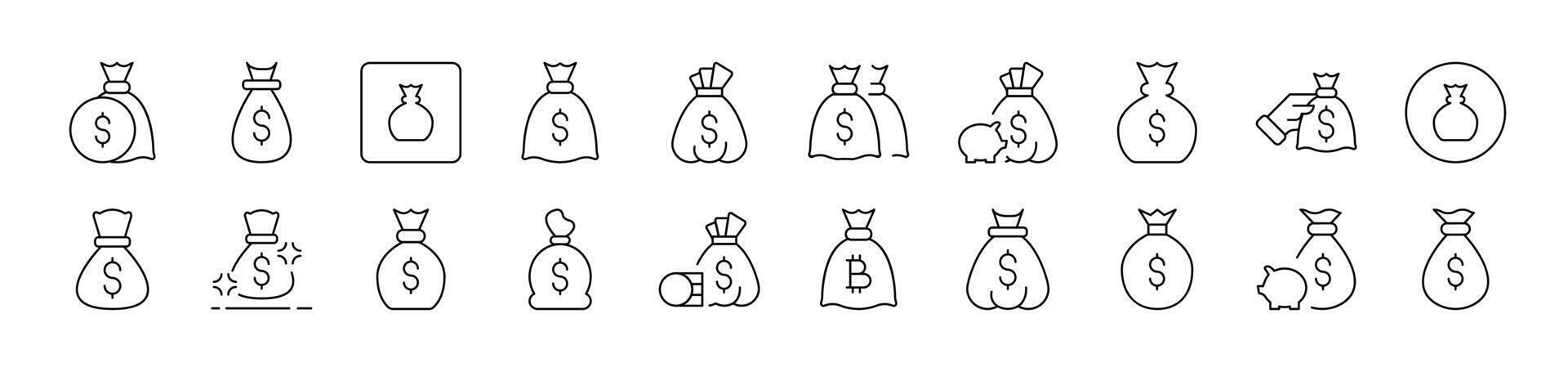 Money Bag Related Line Icon Collection. Editable Stroke. Perfect for Infographics, Articles, Books, Flyers, Banners vector