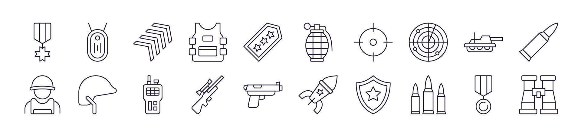 Army and Military Related Image Collection. Editable Stroke. Perfect for Infographics, Articles, Books, Flyers, Banners vector