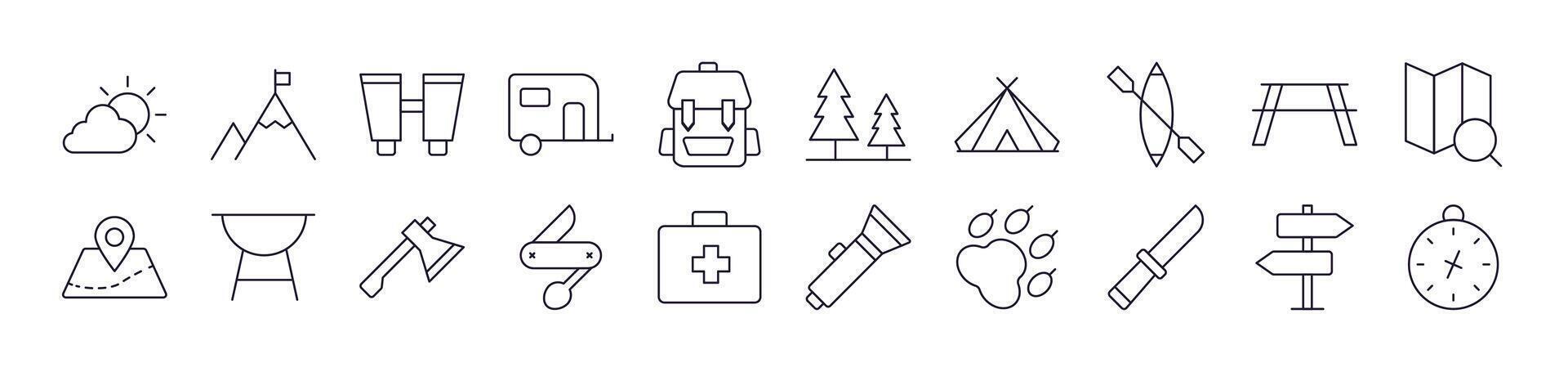 Backpack, Map Pin, Camping, Travel, Vacation Related Line Icon Collection. Editable Stroke. Perfect for Infographics, Articles, Books, Flyers, Banners vector