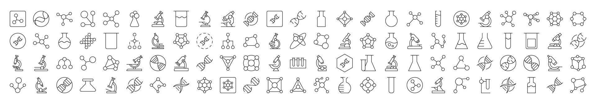Chemistry Related Line Icons. Editable Stroke for Design, Web Sites, Apps, Cards. Contains Linear Images of Chemical Compound, Laboratory Bulbs, Atom vector